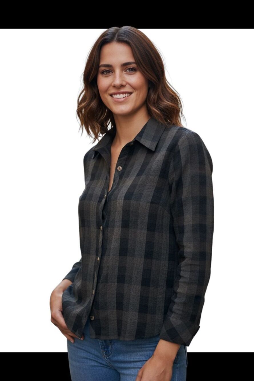 Habitat Top Womans Large Green Plaid Button Front Crinkle Lagenlook